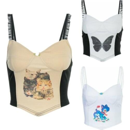 Womens Animal Printed Y2K Crop Top Lace Trim Shoulder Strap Backless Vest