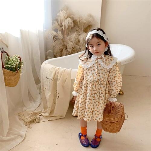 Spring Summer Girls Cotton Floral Dress 1-6 Years Kids Lace Patchwork Doll Collar Long Sleeve Princess Dresses