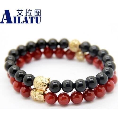 Ailatu Wholesale Semi-precious Stone Bead Jewelry Exquisite Natural Red and Black Onyx Buddha Bracelet For Men and Women