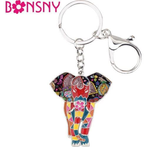 Bonsny Enamel Alloy Jungle Animal Elephant Key Chain Key Ring For Women Bag Handbag Charm Jewelry Keychain Girl Accessories
