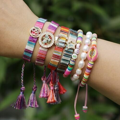 Ethic white shell pave color cz cross tree of life bohemia soft cotton silk tassel tail adjustable wholesale bracelet woman