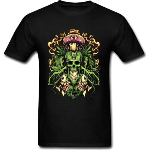 Skull And Mushrooms T Shirts Men Goth T-shirt Gothic Skull Tshirt Printed Street Style Clothes Adult Cotton Black Top Halloween