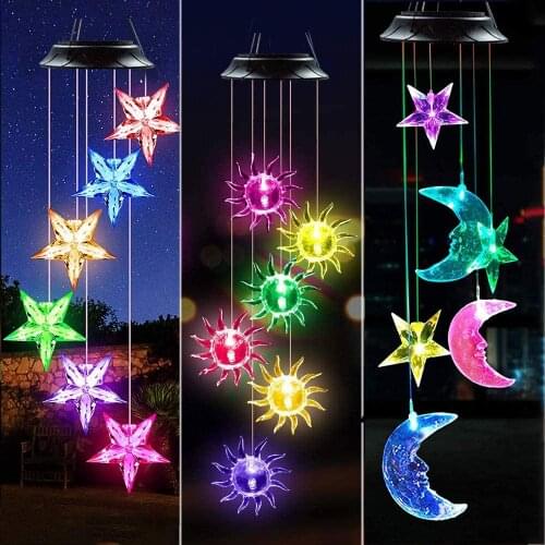 HQXING Solar Lamps Outdoor Sun Star Moon Wind Chimes Light Automic 7 Color-Changing Home Garden Kids Room Party Decor