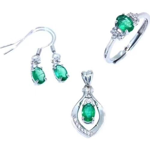 Natural Emerald jewelry set Natural Real Emerald 925 sterling silver 1pc pendant,1pc ring ,2pcs Earring