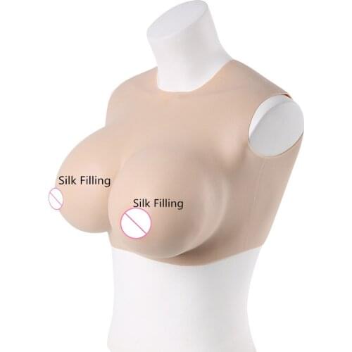 Short Round Neck Fake Breast Transsexuals False Chest Wearable Sexy Silicone Vest Silk Cotton Filled Breasts Shemale Drag Queen