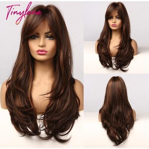 TINY LANA Dark Brown Golden Highlight Synthetic Wigs with Long Bangs Long Wavy Wigs for Afro Women Cosplay Daily Heat Resistant