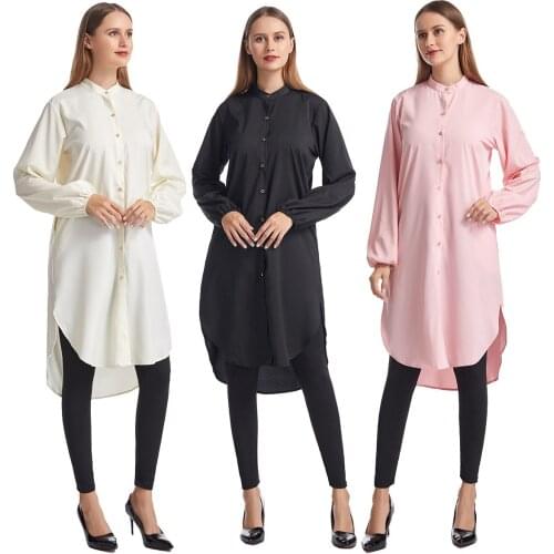 Fashion Womens Clothing Ladies Mid-Length Loose Stand-Up Collar Shirt Solid Color Lengthen Knee-Length Women Tops