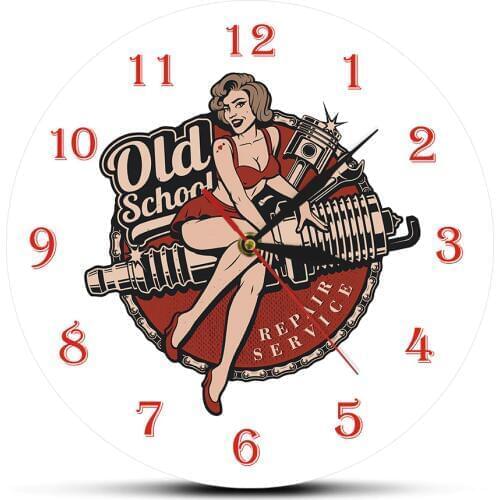 Garage Retro Old School Car Repair Service Wall Clock Mechanic Man Cave Timepiece Spark Plug Pin Up Girl Wall Decor Clock
