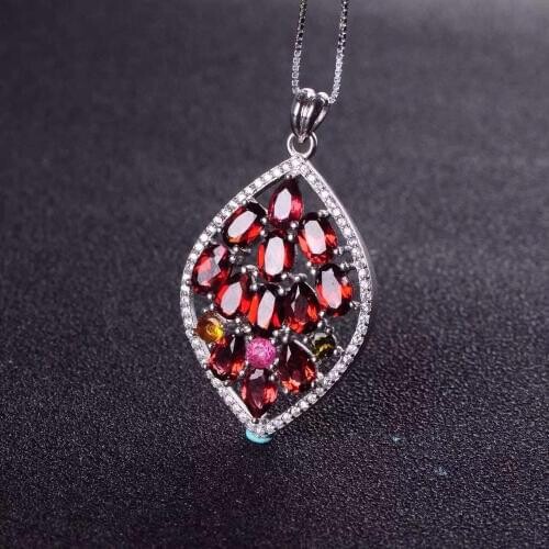 Natural multicolor tourmaline pendant S925 silver Natural garnet Pendant Necklace trendy Luxury Flower Leaves women jewelry