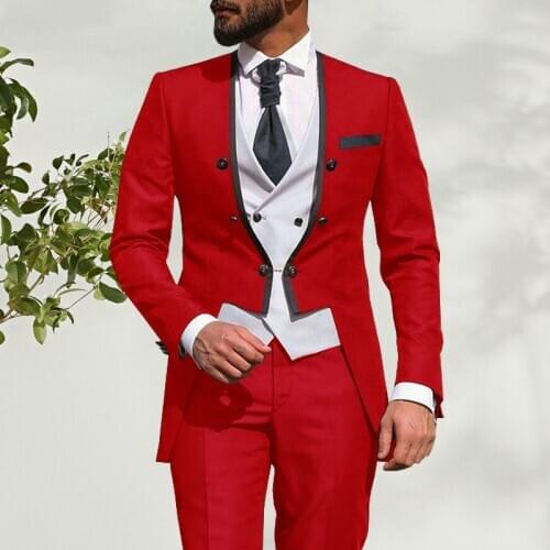 New Elegant 2021 Costume Homme Stand Collar Red Dinner Party Groom Wear Men Wedding Suits For Men Prom Tuxedo Blazer 3 Pieces