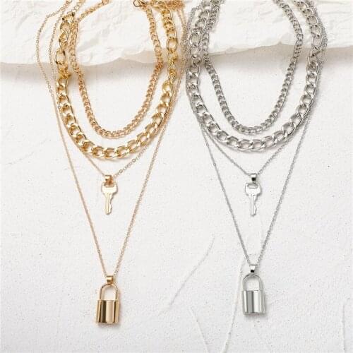 Vintage Multilayer Gold Color Lock Key Pendants Necklace For Women Fashion Metal Thick Chain Necklaces Jewelry Gift