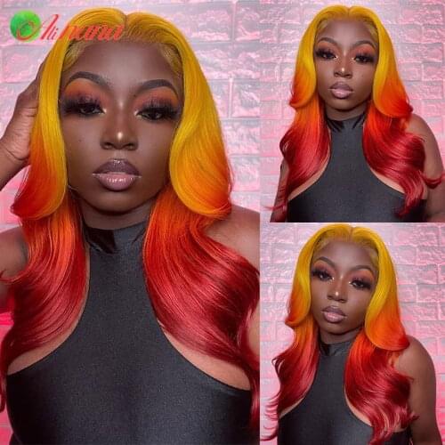 Alinana 13X4 HD Lace Frontal Wig Brazilian Body Wave Human Hair Wigs Pre-Plucked With Baby Hair Yellow&Red Ombre Color 2021 New