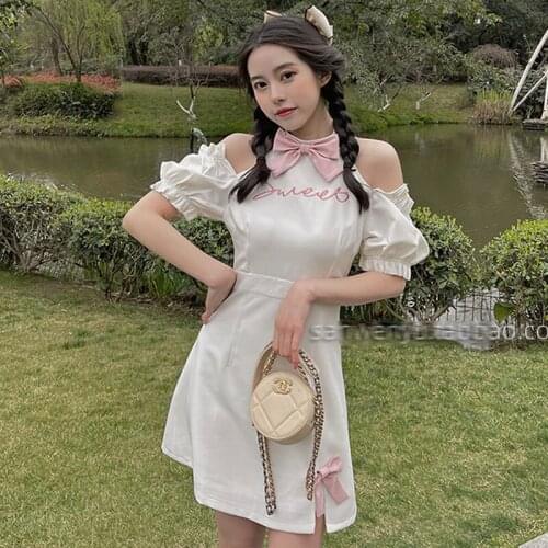 Japanese Sweet Off Shoulder Lolita Dress Soft Girl Summer Puff Sleeve Sexy Bow Slim Waist White Dress Vinatge Kawaii Gothic Dres