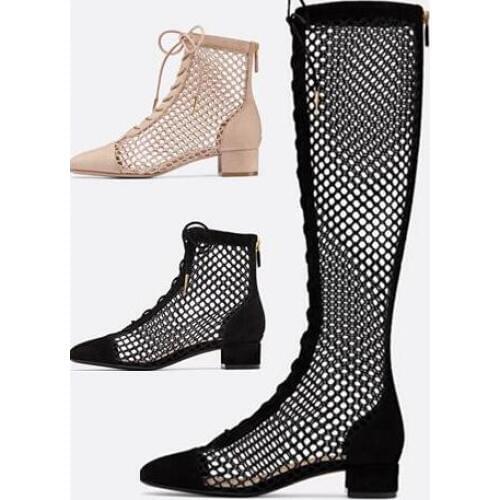 Drop Shipping Girls Fashion Black Beige Air Mesh Square Toe 4 cm Low Heels Lace Up Front Cuts Out Knee High Short Casual Boots