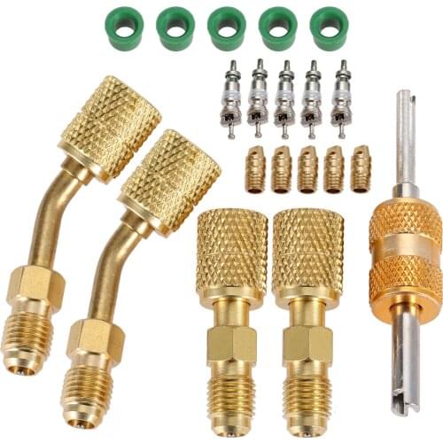 R410a Adapter Charging Vacuum Port Adapter, 5/16 Female 1/4 Male Flare, Valve Core Remover, r134a Hose Gaskets, 5V1 Valve Cores