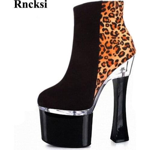 Rncksi Women18cm Square High Heel Leopard Pole Dance Sexy Night Club Party Party Boots Pole Dancing High Ankle Boot Shoes