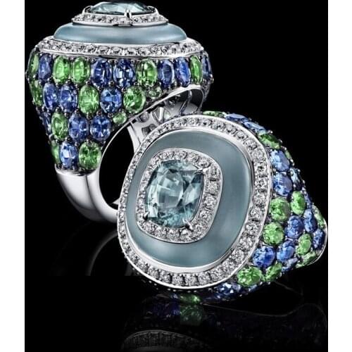Luxury Big Blue Crystal Wedding Rings for Women Blue Green Zircon Bridal Promise Engagement Ring Classic Christmas Gift Jewelry