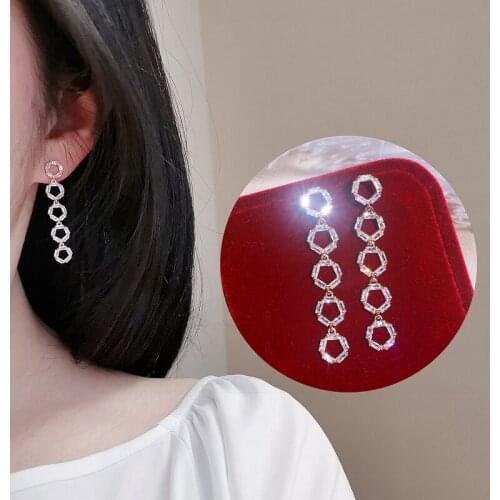 Luxury Rose Gold Color Long Earrings Brincos Circle Cubic Zircon Drop Dangle Earrings For Women Wedding Jewelry Accessories