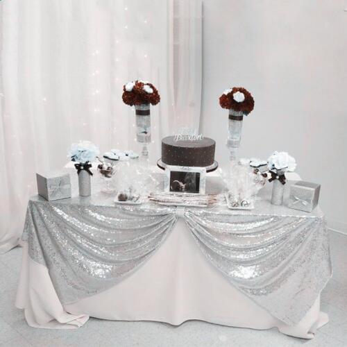 B·Y Silver Wedding Tablecloth 90x132in Sequin Table Cloth Shiny Fabric Table Cover for party Wedding Christmas Decor-529