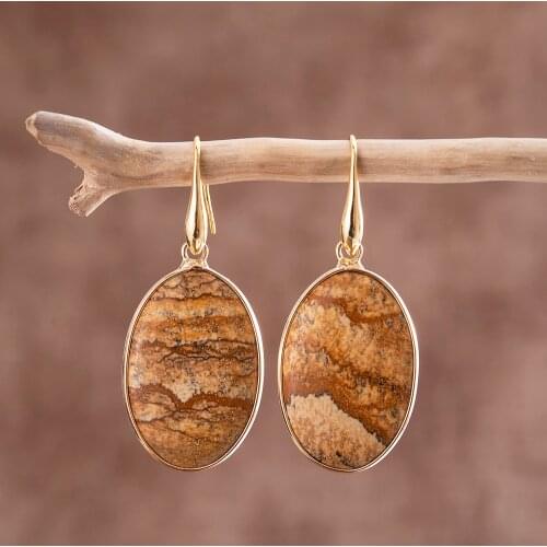 Brown Natural Stones Oval shape Hook Earrings