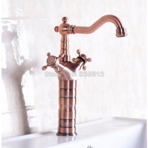 Antique Red Copper Swivel Spout Kitchen Bathroom Basin Faucet Vessel Sink Mixer Taps Deck Mounted Double Cross Handle WnfWnf128