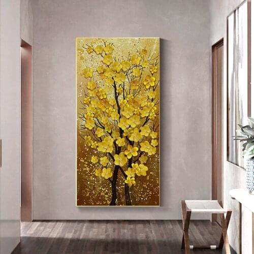 Handmade Modern Oil Painting on Canvas Golden Yellow Rich Tree Flower Plant Art Wall Picture for Living Room