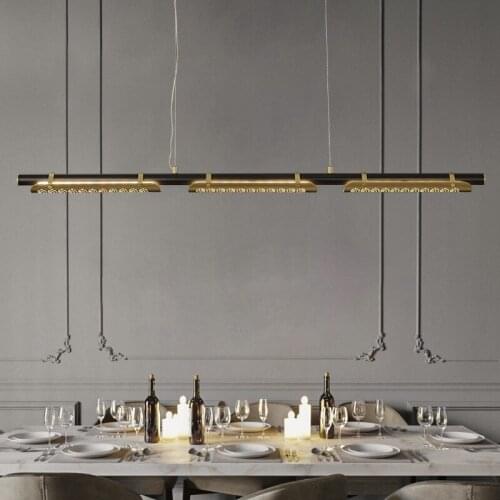 Tri-color light dining room chandelier copper light luxury long hollow creative minimalist bar dining table lamp