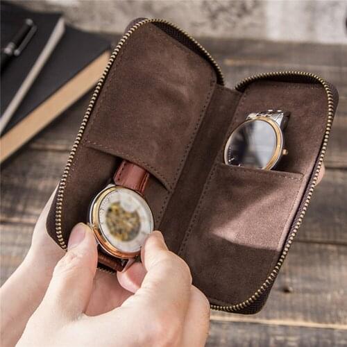 Vintage Leather Watch Case 2-Slot Watch Storage Bag Carrying Pouch Zipper Wristwatch Box Organizer