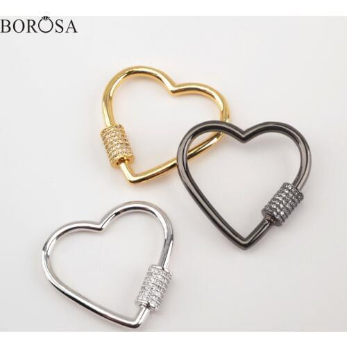 BOROSA Hot Micro Paved CZ Heart Clasp Gold Black Silver Color Screw Clasp Lock Fastener Clasps Women Jewelry Findings WX1349