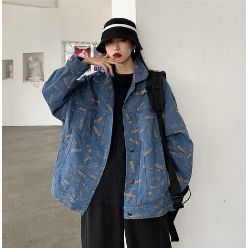 2020 Spring Autumn New Korean Loose Large Size bf Retro Denim Jacket Women hip-hop Hong Kong graffiti Windbrear Coat Female B521