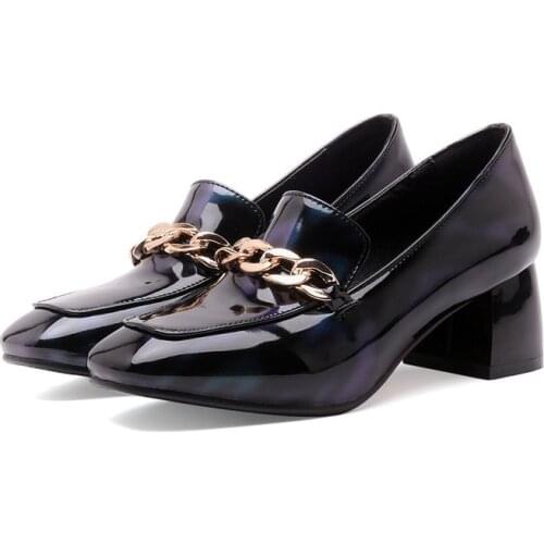 2021 Round Toe Square Heel Casual Slip on Female Shoes Pu Leather Metal Chains Spring Autumn Women Pumps Size 34-48