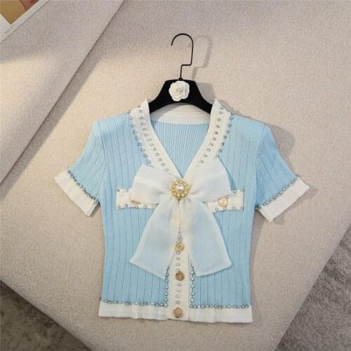 Womens summer small fragrance knit top elegant bowknot slim short sleeve cardigan T-shirt
