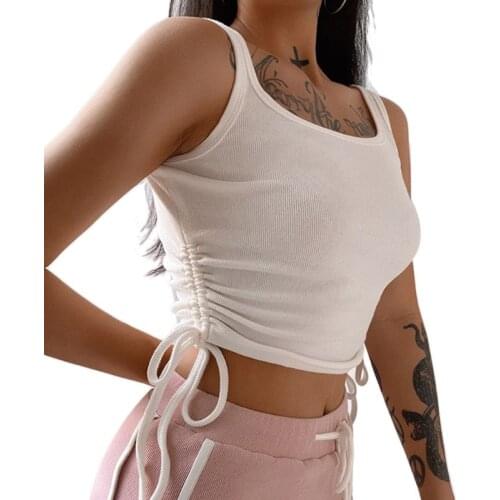 Women Sleeveless Side Ruched Drawstring Crop Top Ribbed Knit Slim Fit Camis Vest X5XA