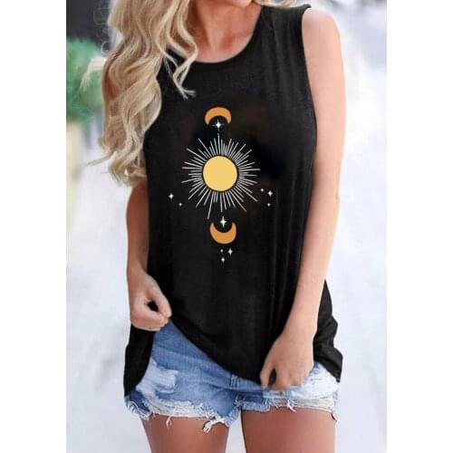 Sun Moon Art Tank top Creative Universe Lunar Skies Line Art Sleevele Tee women fashion casual 90s aesthetic vintage top