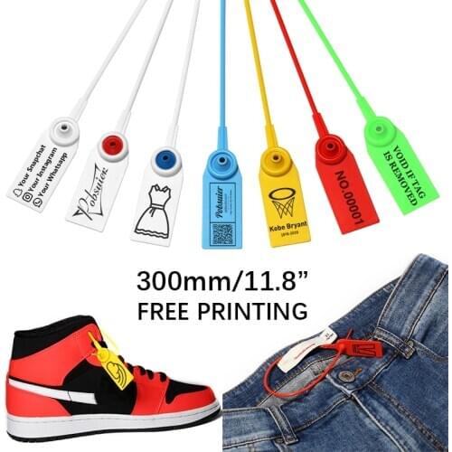 100 Custom Garment Plastic Security Tag Shoe Clothing Bag Brand Logo QR Bar Code Hang Labels Tags Seals Zip Ties 300mm/11.8"
