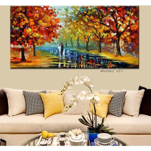 100% Handpainted Lover Rain Street Tree Lamp Landscape Oil Painting Canvas Wall Art Picture paintings For Living Room Home Decor