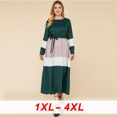 2020 Plus Size Dresses Elegant Fashion Color Block Patchwork Long Dress O Neck Full Sleeve Dress Women Striped Lace-up Clothes