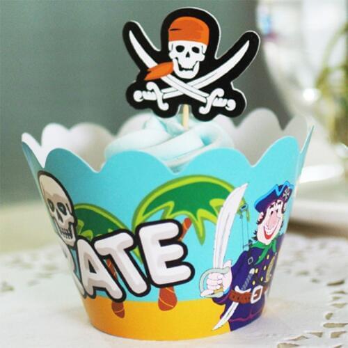 24pcs/lot pirate Cupcake Wrappers Toppers Kids boy girl birthday Party Decoration supply Design cupcakes decorating tools