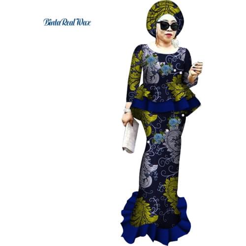 African Clothes Bazin Riche African Tops and Long Skirt Sets Print Patchwork 2 piece outfits for women Dashiki Clothing WY3772