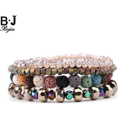 BOJIU 4 Pcs/Set Colored Hematite Lava Stone Bracelets For Women Faceted Brown Gold Crystal Bead Bracelet Female Jewelry BCSET188