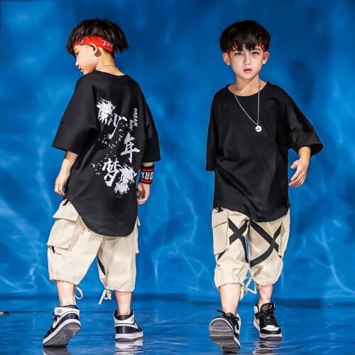 ChildrenS Hip-Hop Dance Costumes For Boys Summer Loose Short-Sleeved Drum Performance Costume Overalls Jazz Street Wear DQS4492