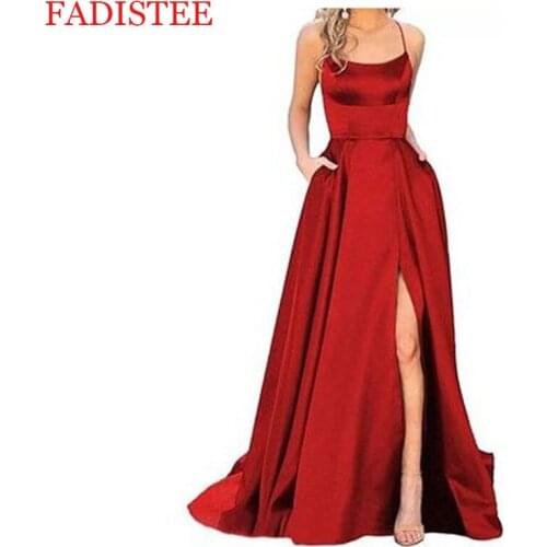 Long Prom Dresses Simple A Line Cheap Prom Gown High Slit Spaghetti Straps Cross Back Evening Dress Vestidos De Fiesta