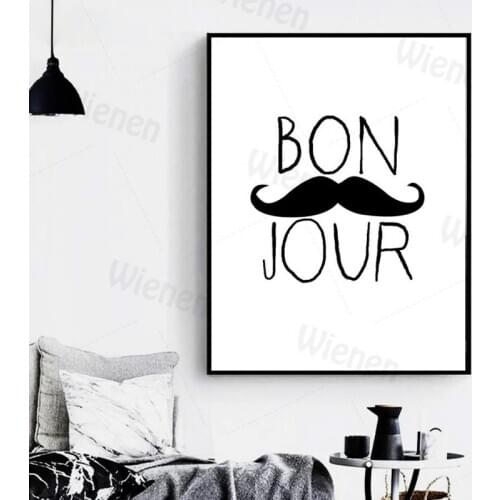 French Wall Art Bonjour Quotes Poster Moustache Canvas Painting Black & White HD Print Picture Home Decor Entrance Corridor Mura