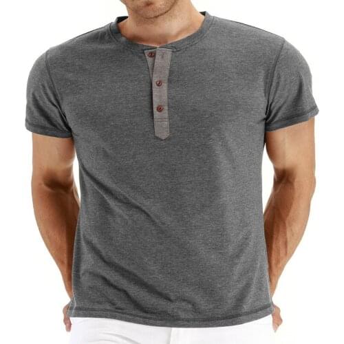 Summer Cotton Mens T-Shirt Round Collar Short Sleeve Pullover Button Solid Slim Fashion Casual T-Shirt
