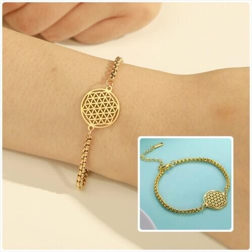 LIKE Flower of Life Round Stainless Steel Bracelet Gold Silver Color Charm Bracelets for Women Men Chain Fashion Jewelry Gifts