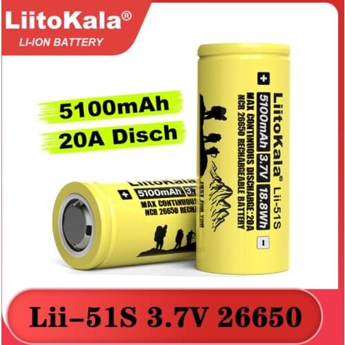1-10PCS Liitokala LII-51S 26650 20A power rechargeable lithium battery 26650A , 3.7V 5100mA . Suitable for flashlight