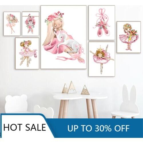 Cute Ballet Girl Flowers Rabbit Unicorn Shoes Nordic Wall Art Canvas Painting Posters Prints Wall Decor Pictures Kids Room Decor