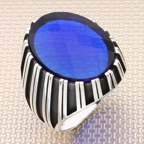 Oval Blue Zircon Stone Men Silver Ring With Symmetrical Motif Made in Turkey Solid 925 Sterling Silver