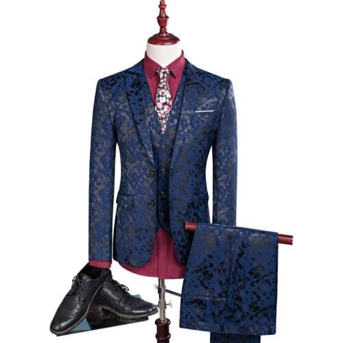 Men Suit Business Leisure Single Breasted Suits 3 Pieces Sets Male Printing Groom Wedding Dress Jacket Blazers Coat Vest Pants