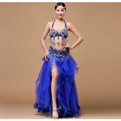 New Women Dancewear Professional 3pcs Outfit Plus Size Cup C/D Bra Belt Skirt Long Oriental Beaded Belly Dance Costume